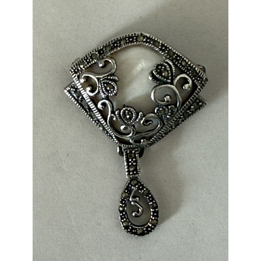 Art Nouveau Deco Mother of Pearl 925 Sterling Silver Brooch Vintage